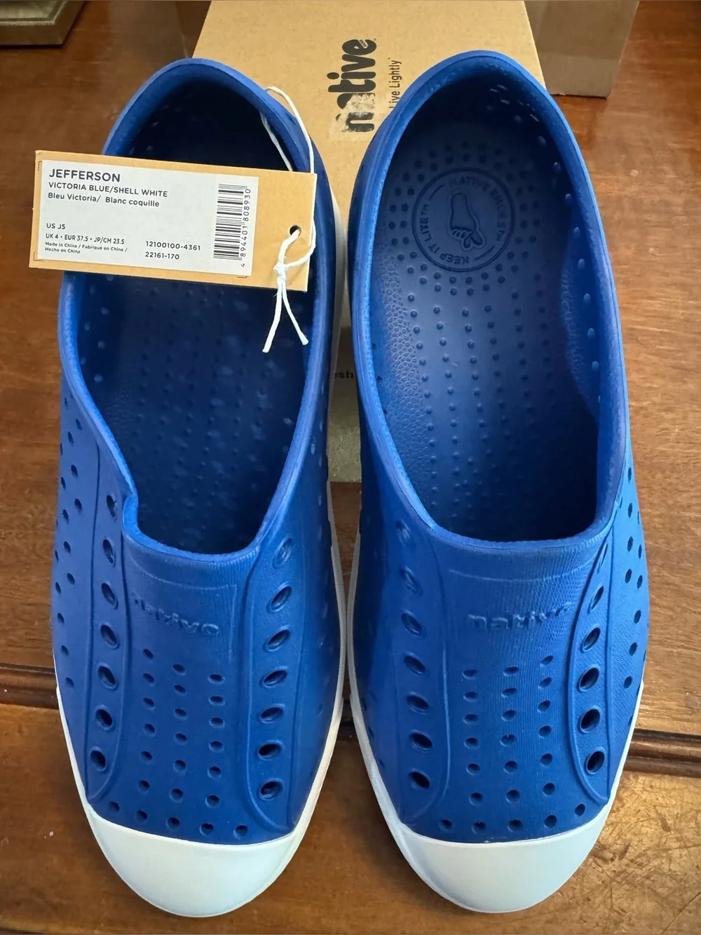 Native Jefferson Slip-On Shoes in Victoria Blue and Shell White